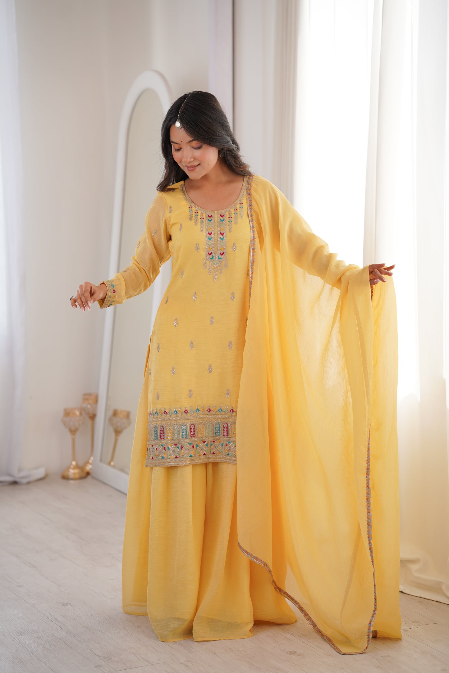 Elegant Crunchy Silk Sharara Suit Set For Women 💛