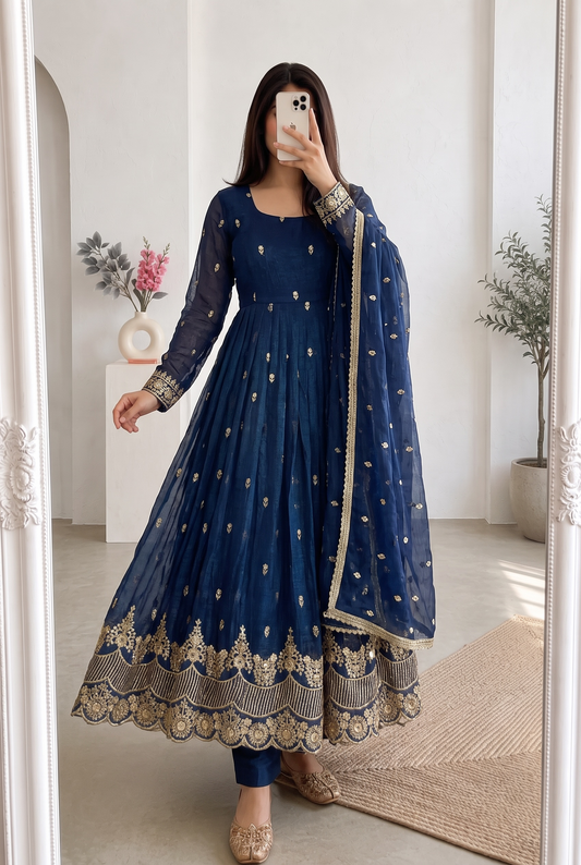 Graceful Crunchy Silk Embroidered Gown – New Party Wear Collection