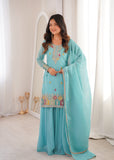 Sky Blue Designer Crunchy Silk Sharara Suit Set For Women 💙