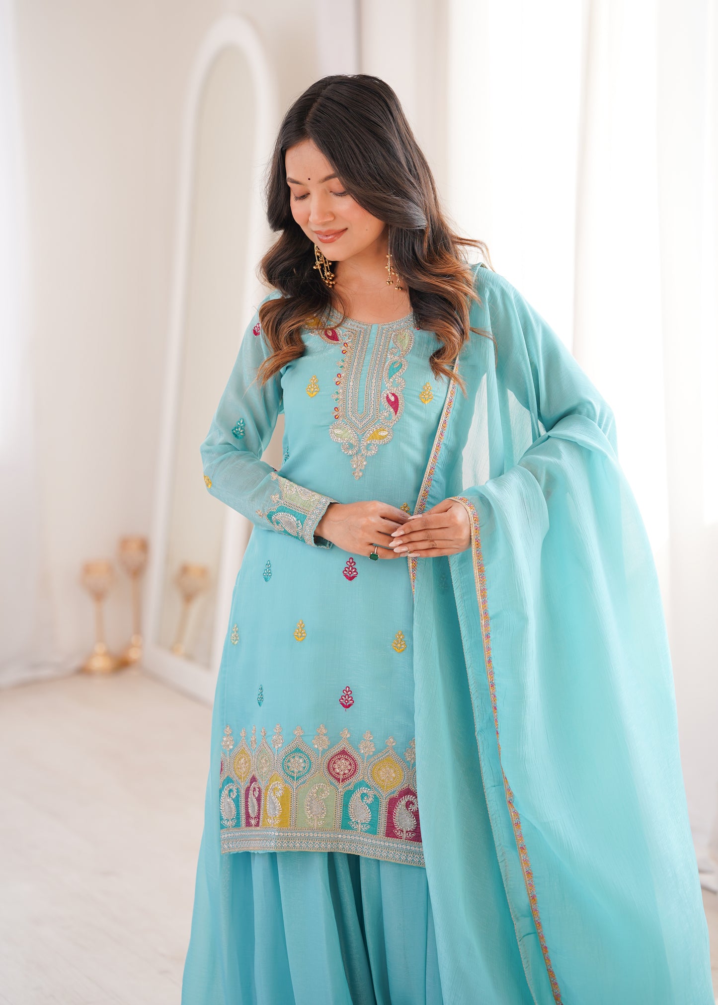 Sky Blue Designer Crunchy Silk Sharara Suit Set For Women 💙