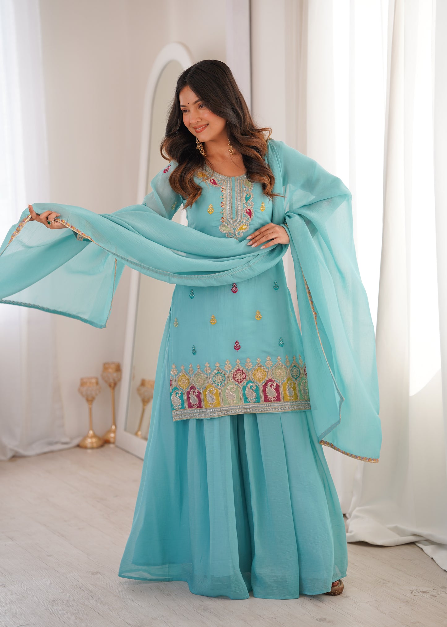 Sky Blue Designer Crunchy Silk Sharara Suit Set For Women 💙