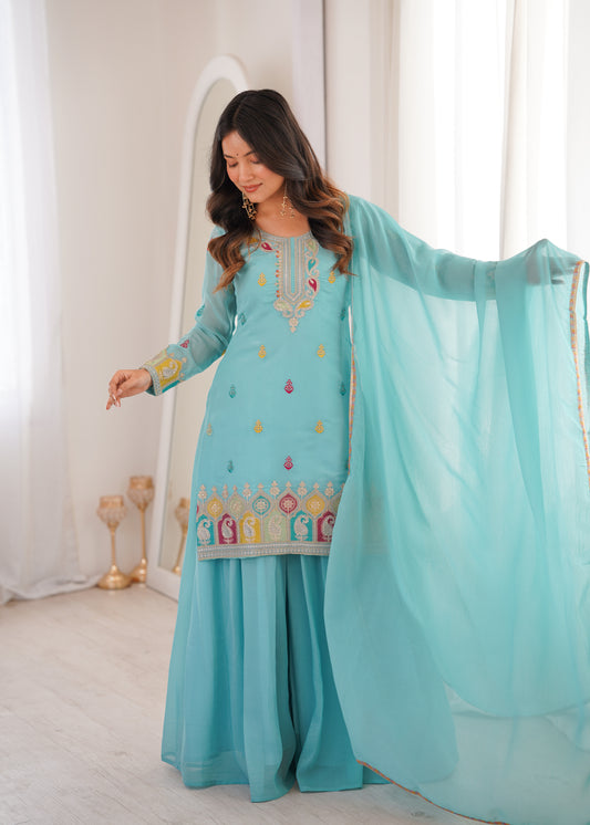 Sky Blue Designer Crunchy Silk Sharara Suit Set For Women 💙