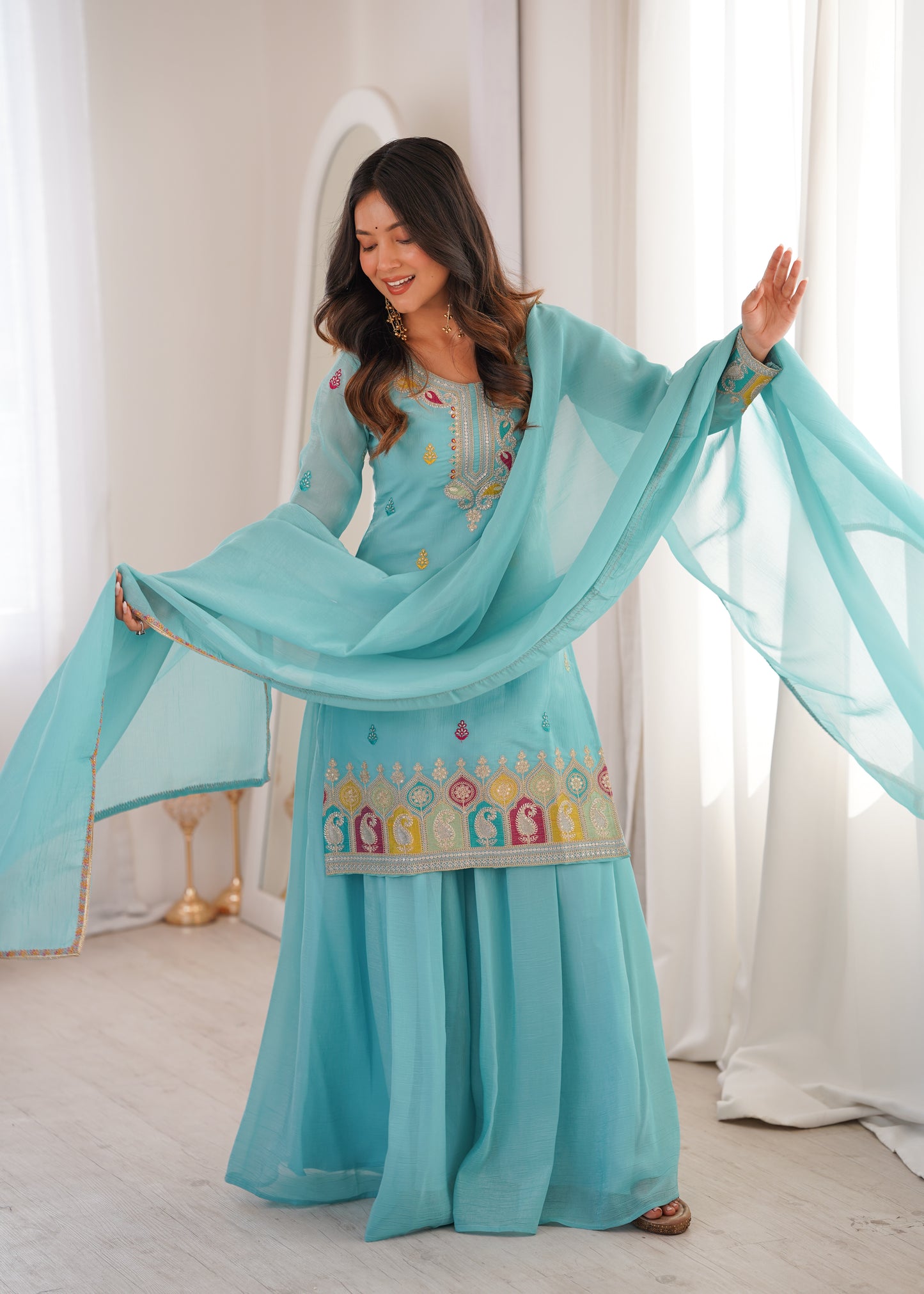 Sky Blue Designer Crunchy Silk Sharara Suit Set For Women 💙