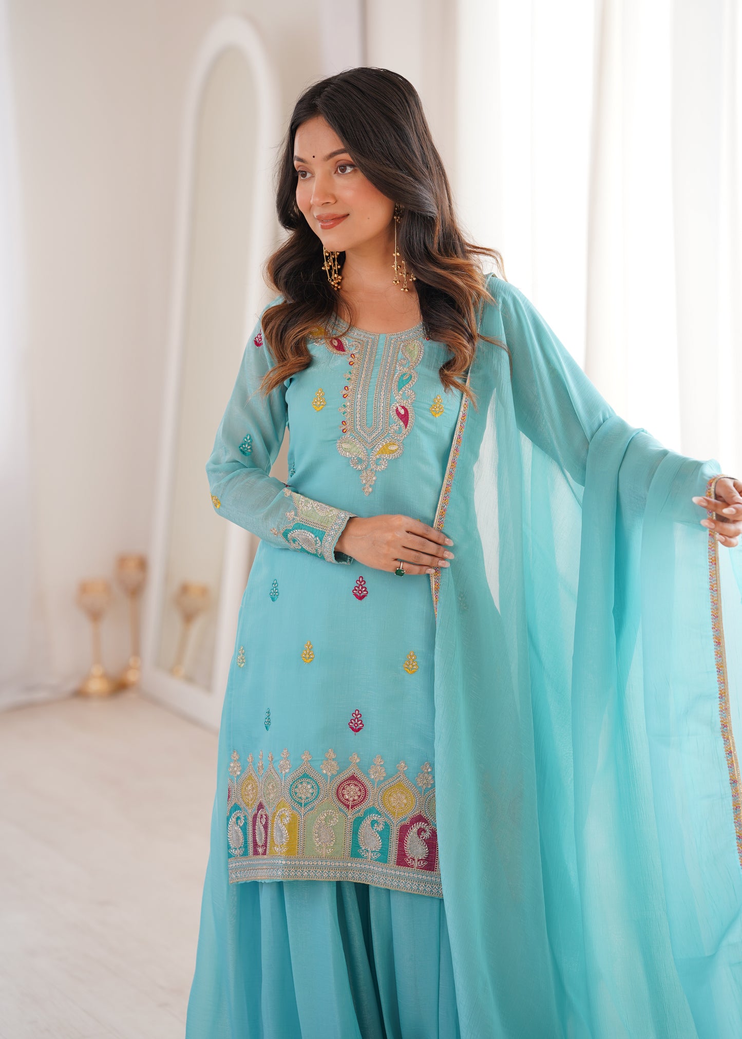 Sky Blue Designer Crunchy Silk Sharara Suit Set For Women 💙