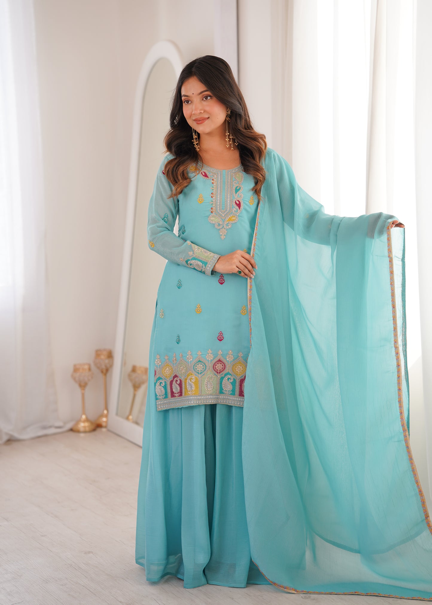 Sky Blue Designer Crunchy Silk Sharara Suit Set For Women 💙