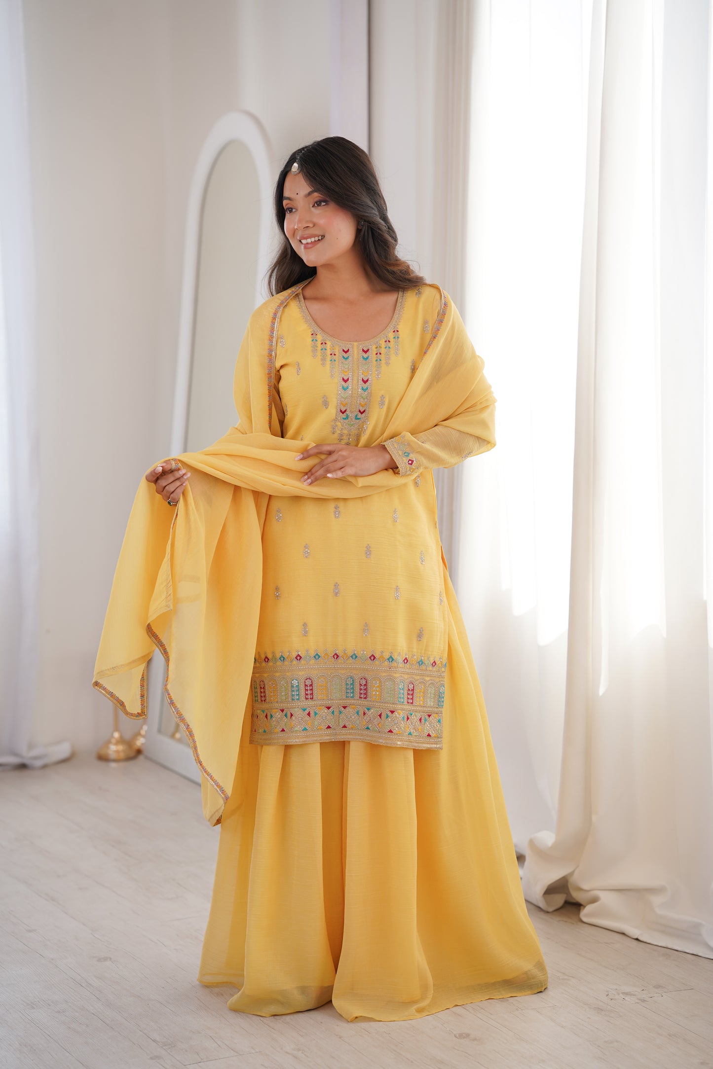 Elegant Crunchy Silk Sharara Suit Set For Women 💛
