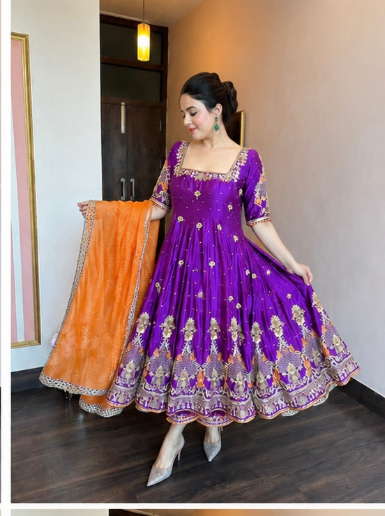 Royal Heavy Silk Embroidered Anarkali Suit Set For Women