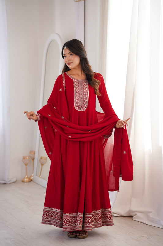 Royal Dark Red Fully Flared Anarkali Gown Set For Women