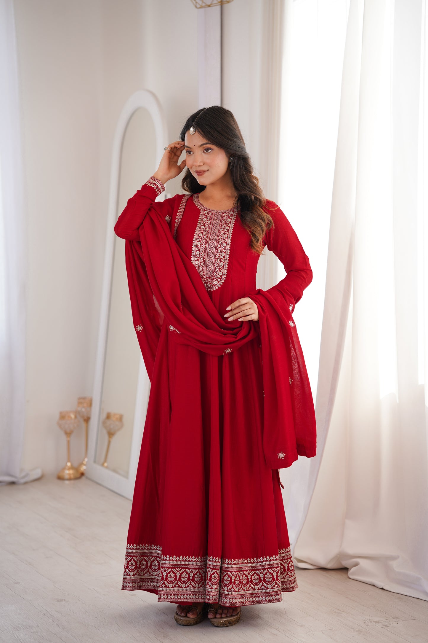 Royal Dark Red Fully Flared Anarkali Gown Set For Women