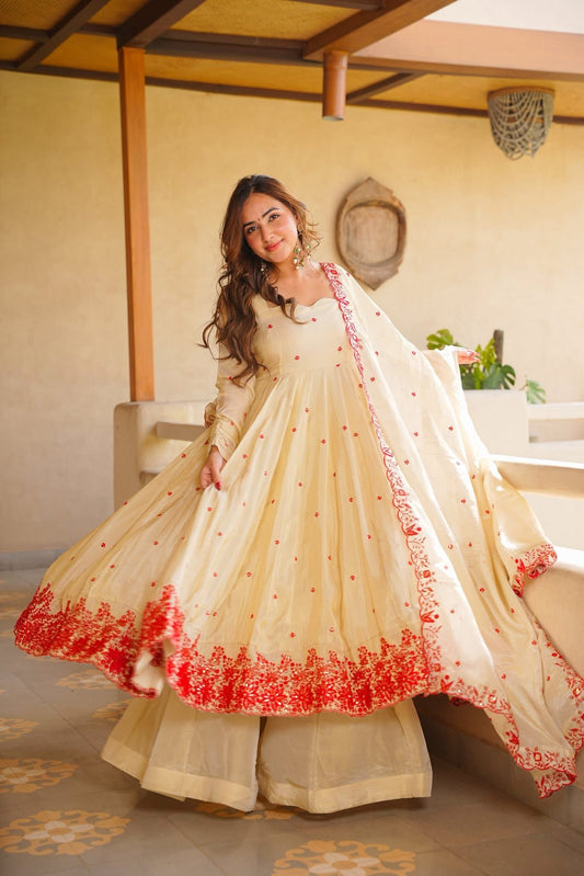 Regal Heavy Silk Anarkali Sarara Suit Set – Embroidered Wedding Collection