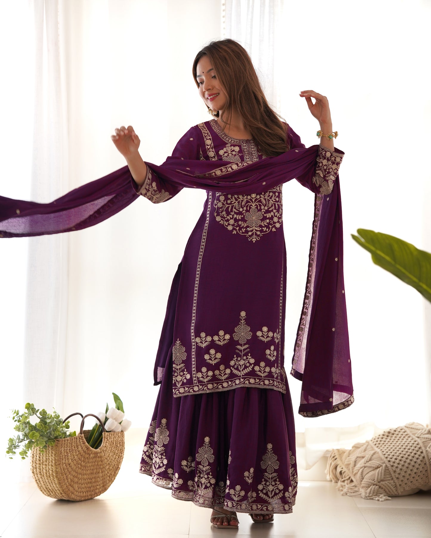 Elegant Chinon Silk Sharara Suit Set For Women ✨