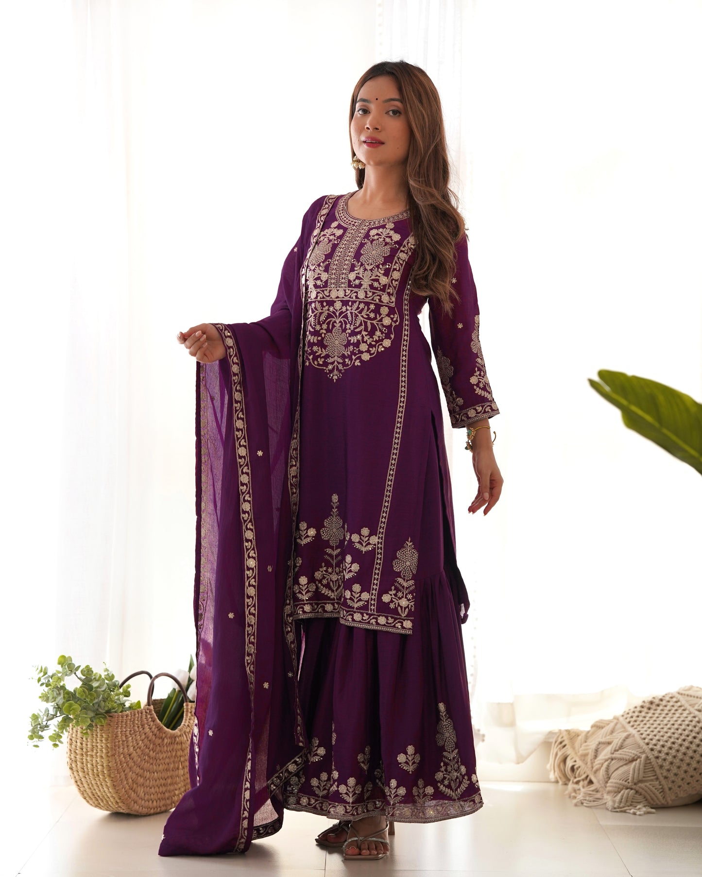 Elegant Chinon Silk Sharara Suit Set For Women ✨