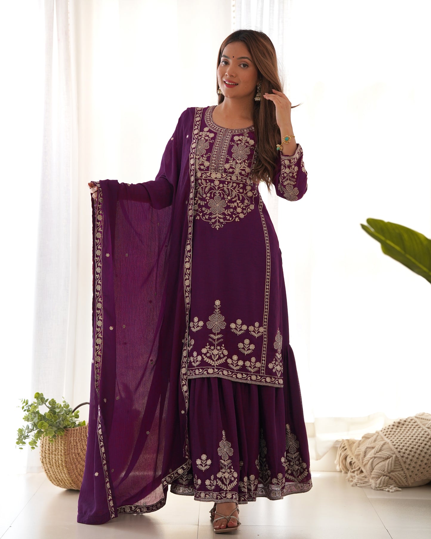 Elegant Chinon Silk Sharara Suit Set For Women ✨