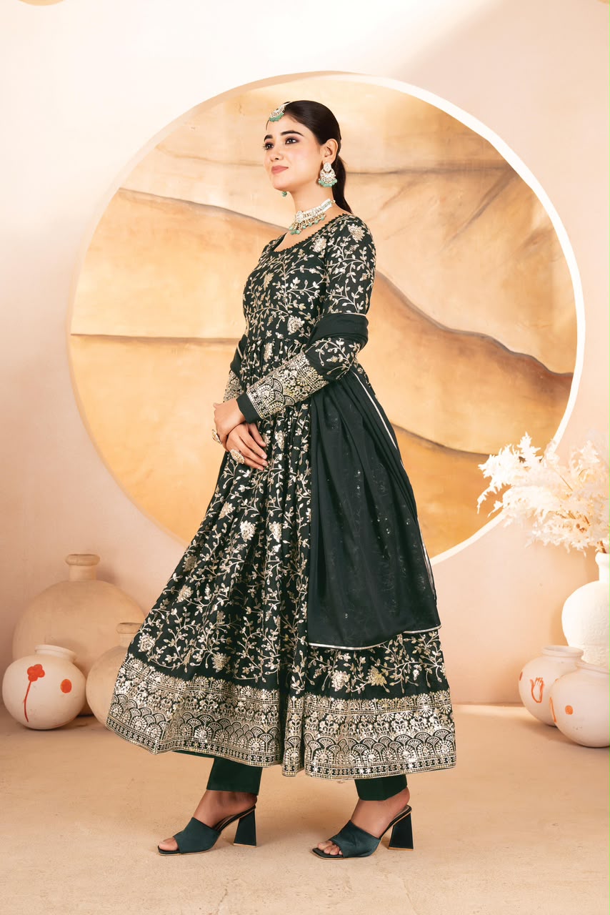 PREMIUM READYMADE DARK GREEN ANARKALI SUIT SET – 3 PIS
