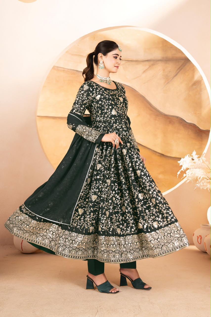 PREMIUM READYMADE DARK GREEN ANARKALI SUIT SET – 3 PIS