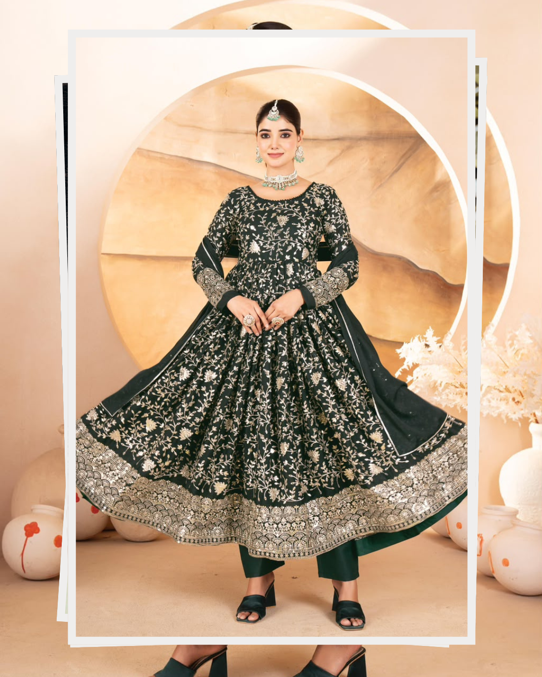 PREMIUM READYMADE DARK GREEN ANARKALI SUIT SET – 3 PIS