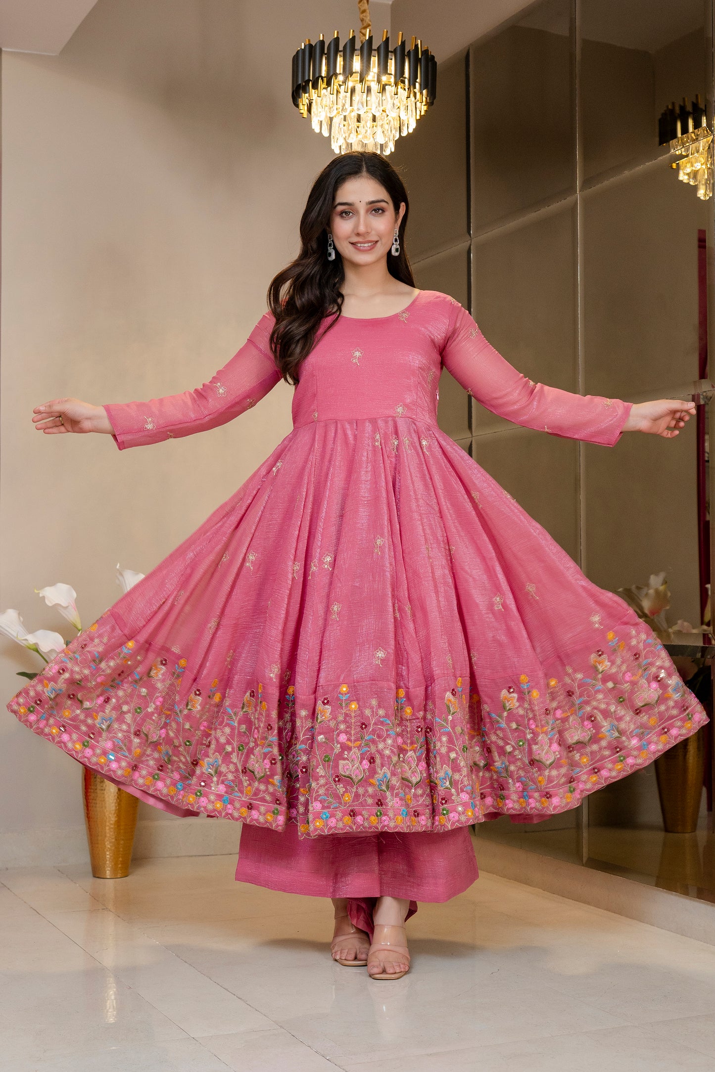 ELEGANT SOFT CRUNCHY SILK GOWN SET – SEQUINS &amp; THREAD WORK ✨