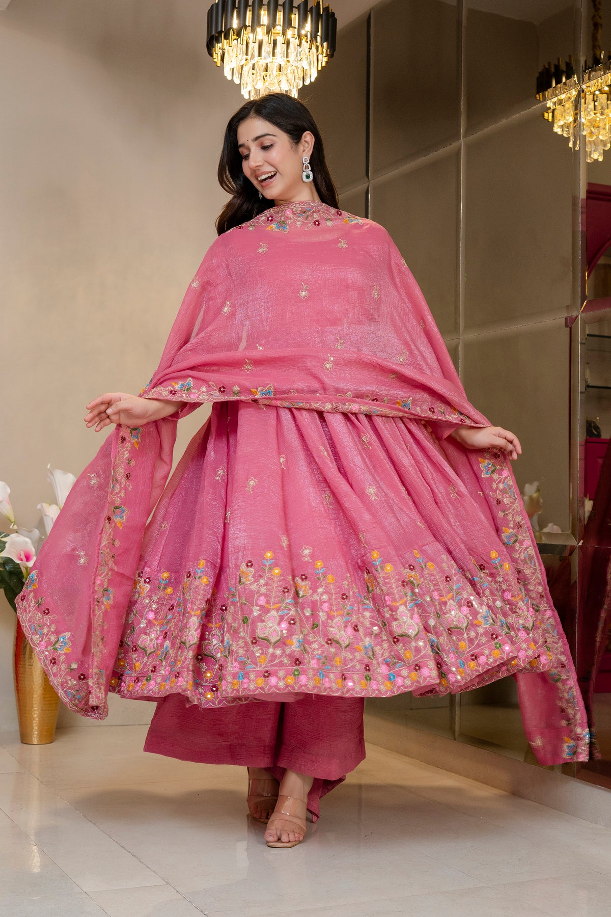 ELEGANT SOFT CRUNCHY SILK GOWN SET – SEQUINS &amp; THREAD WORK ✨