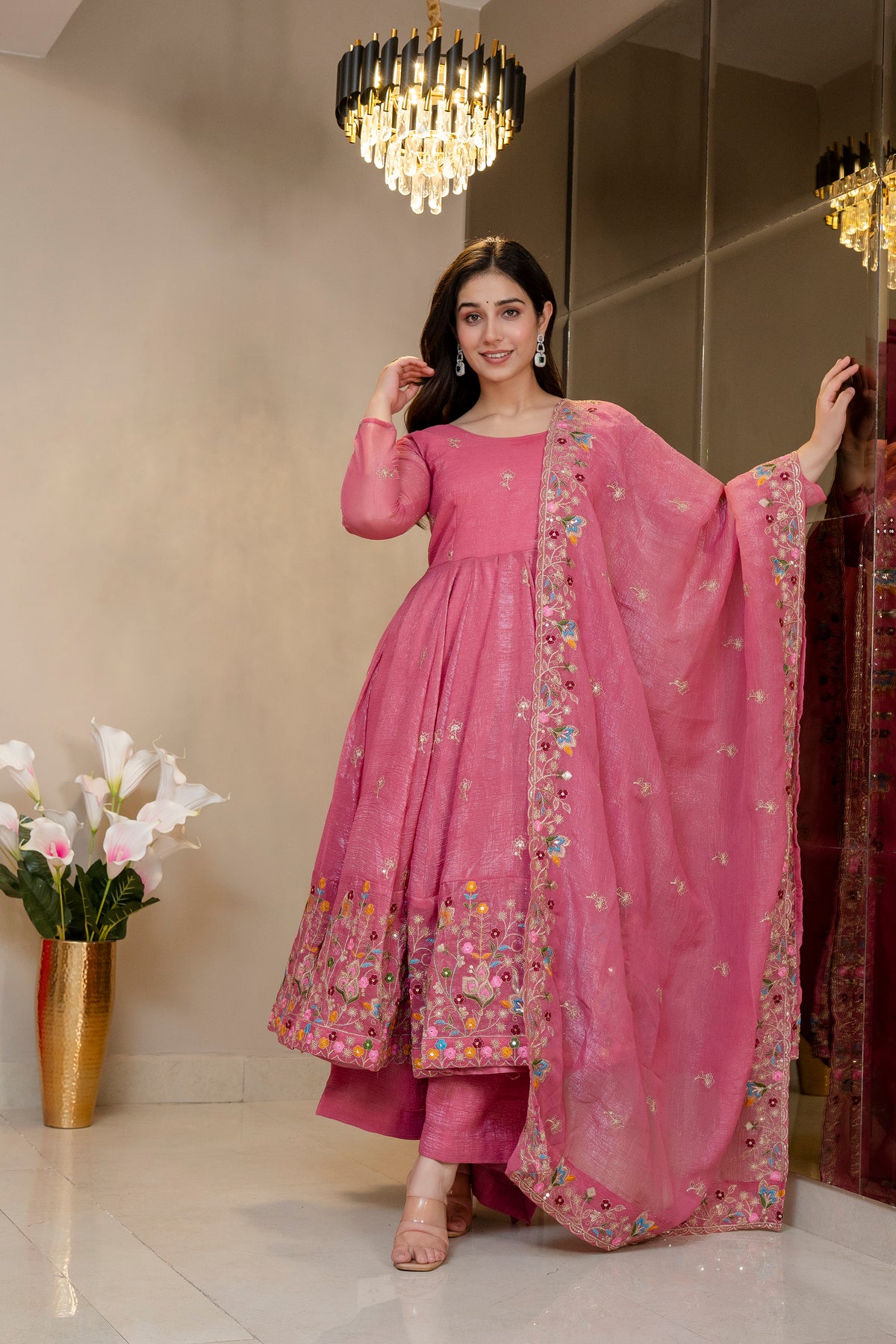 ELEGANT SOFT CRUNCHY SILK GOWN SET – SEQUINS &amp; THREAD WORK ✨