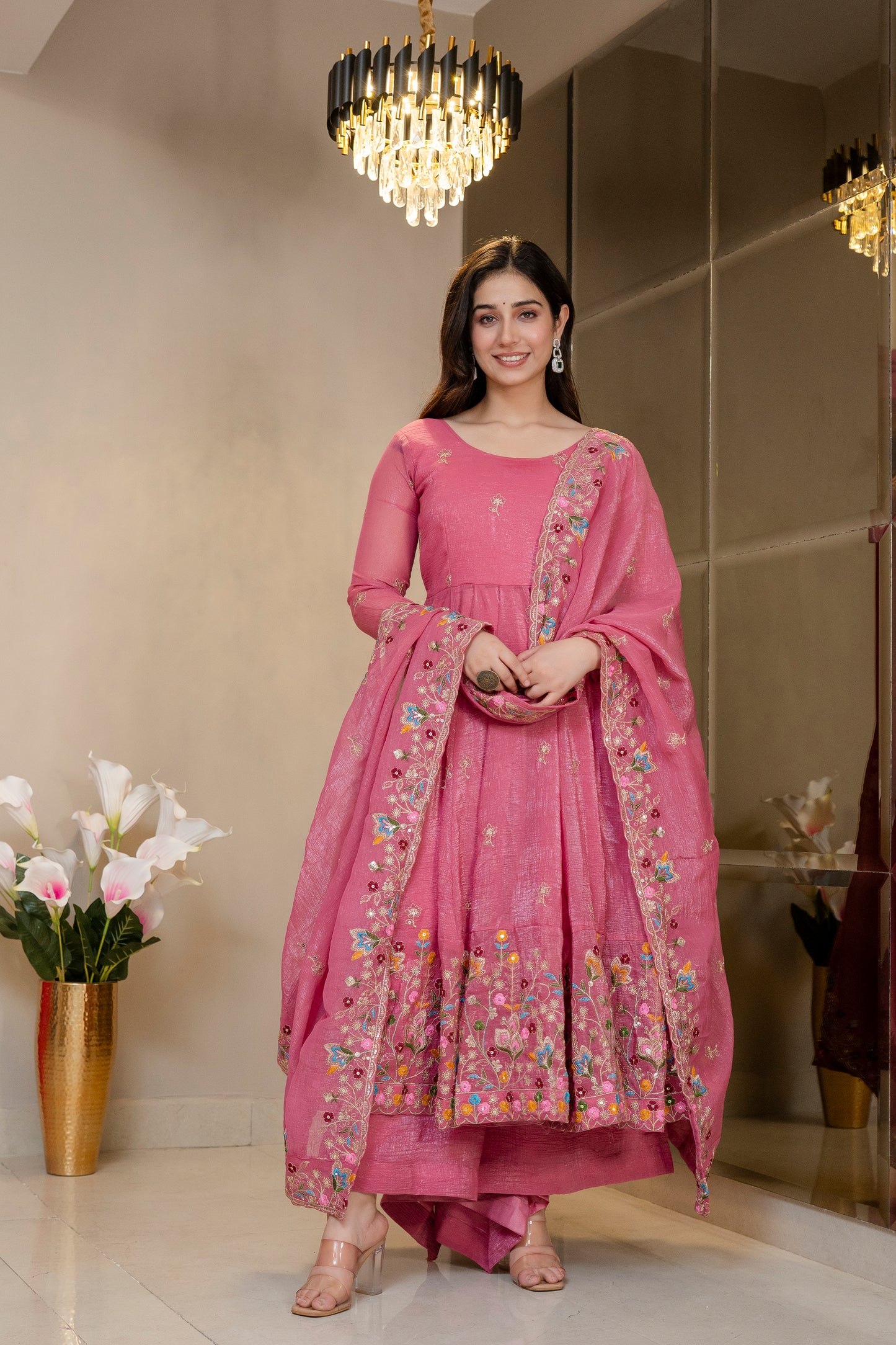ELEGANT SOFT CRUNCHY SILK GOWN SET – SEQUINS &amp; THREAD WORK ✨