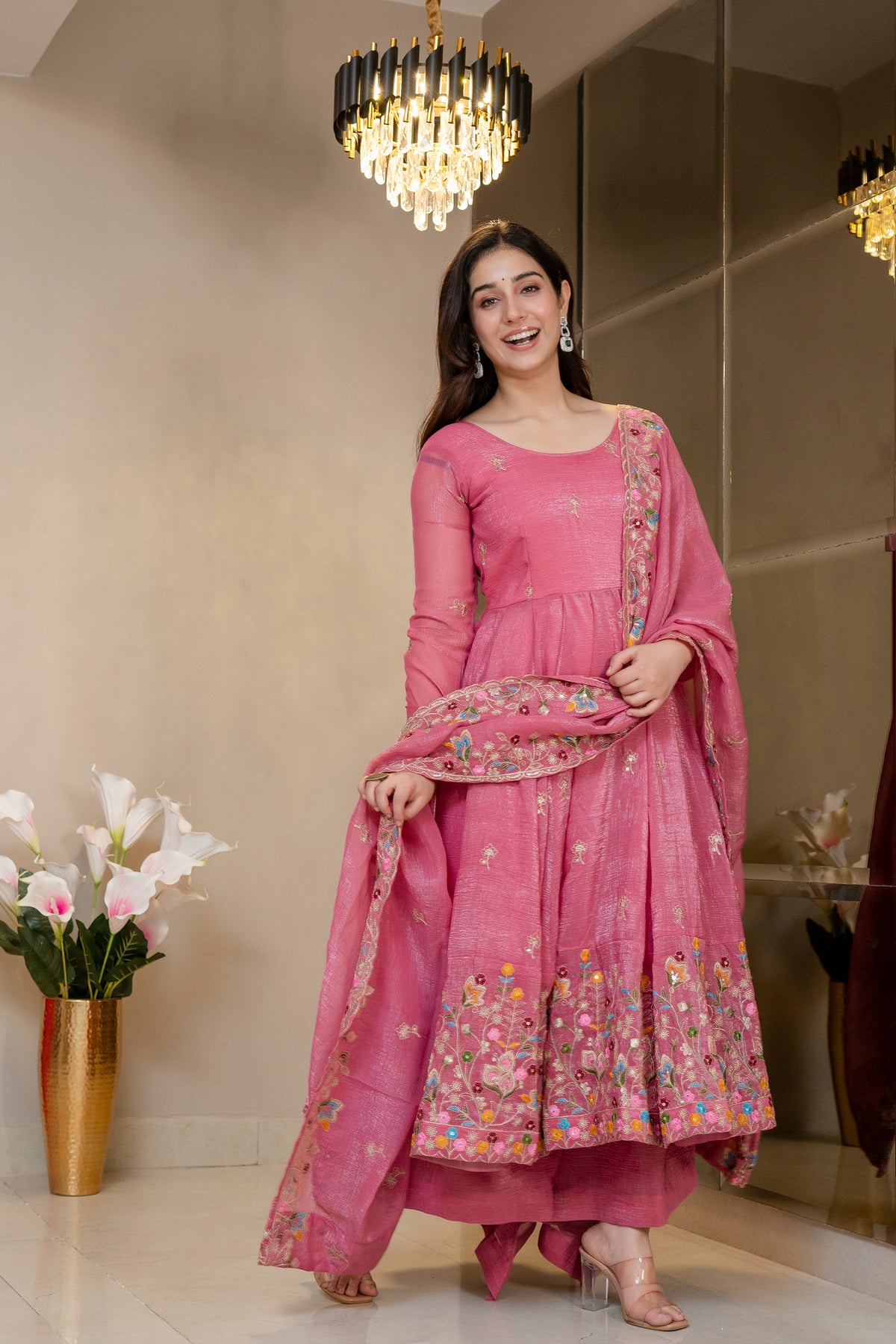 ELEGANT SOFT CRUNCHY SILK GOWN SET – SEQUINS &amp; THREAD WORK ✨