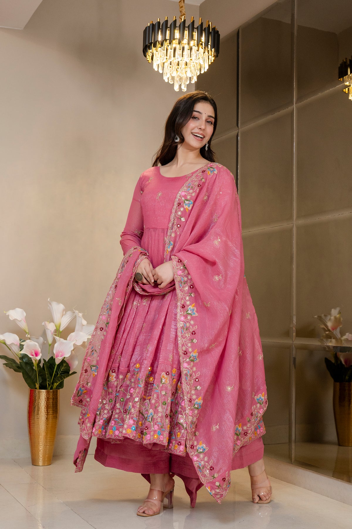 ELEGANT SOFT CRUNCHY SILK GOWN SET – SEQUINS &amp; THREAD WORK ✨