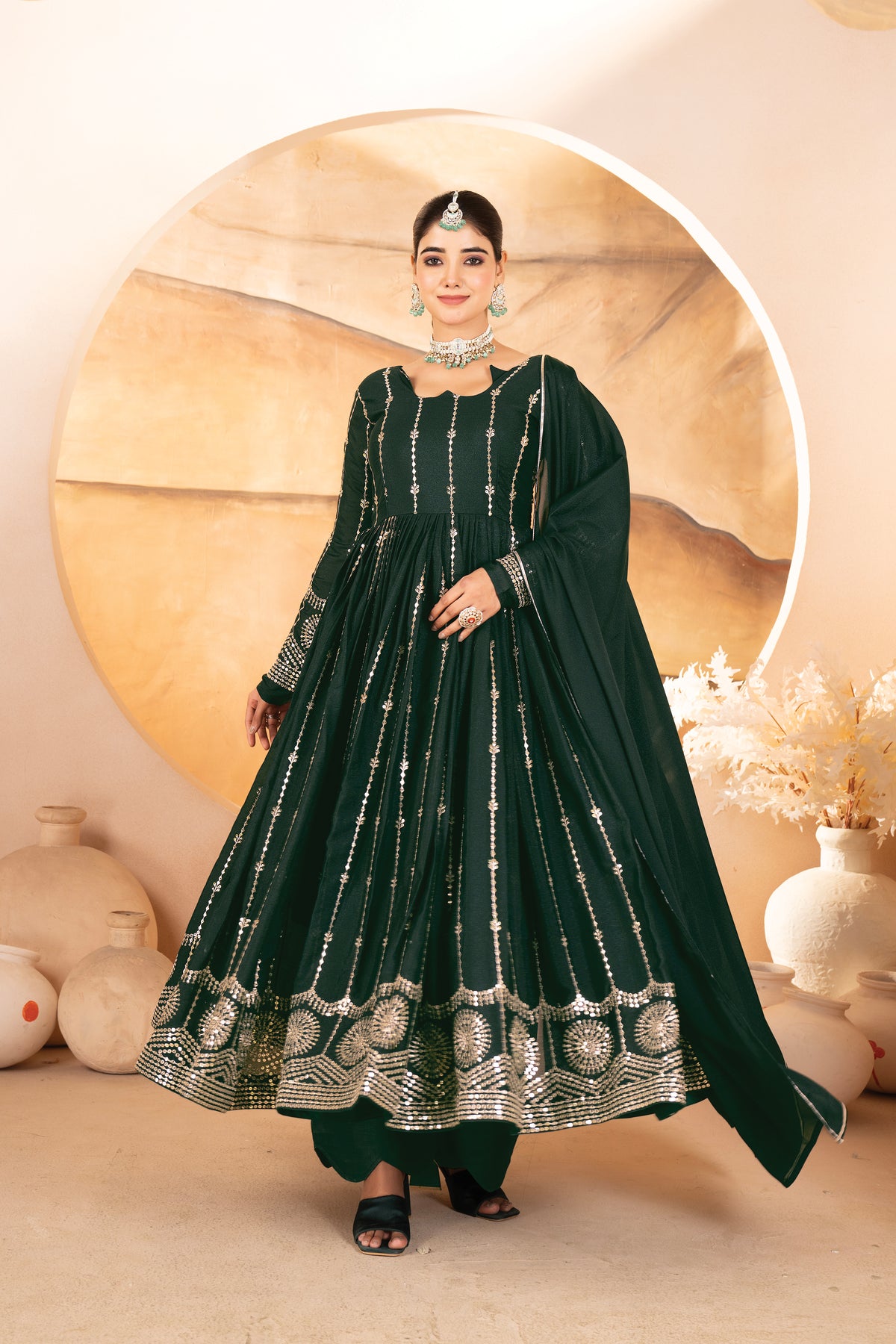 DARK GREEN STAR GEORGETTE ANARKALI SUIT – HEAVY SEQUINS &amp; THREAD WORK ✨