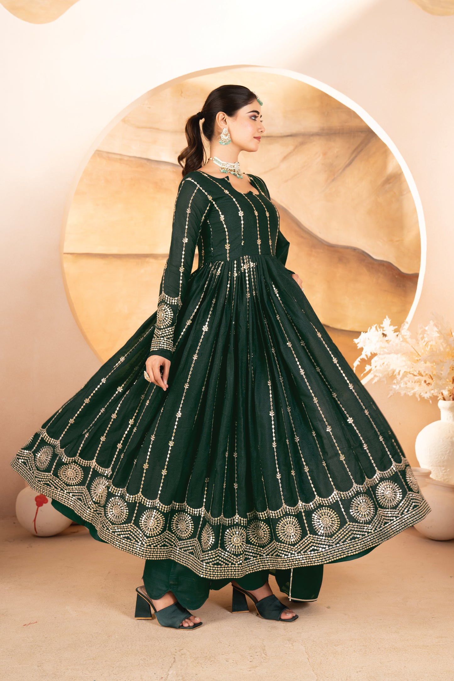 DARK GREEN STAR GEORGETTE ANARKALI SUIT – HEAVY SEQUINS &amp; THREAD WORK ✨
