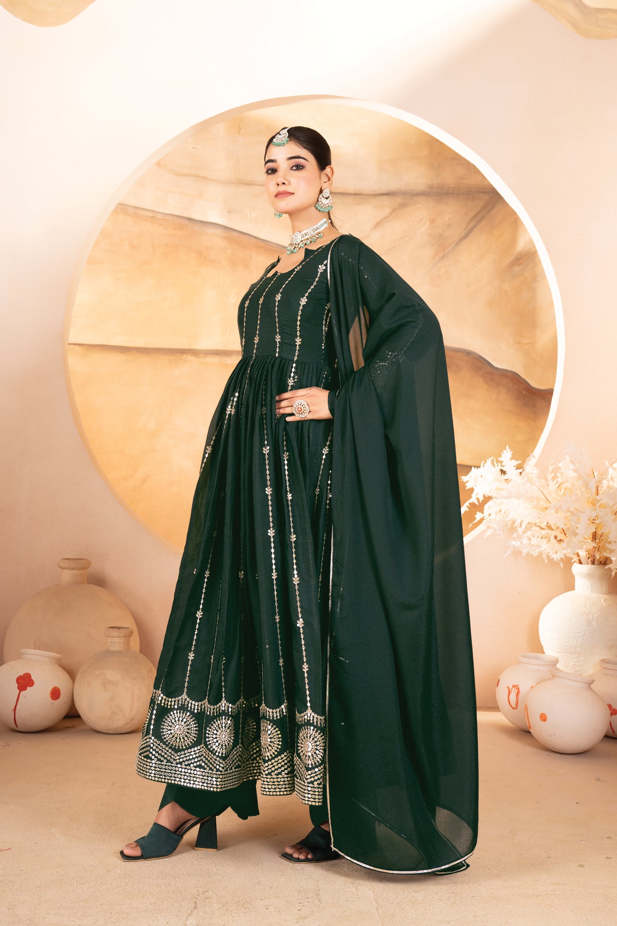 DARK GREEN STAR GEORGETTE ANARKALI SUIT – HEAVY SEQUINS &amp; THREAD WORK ✨
