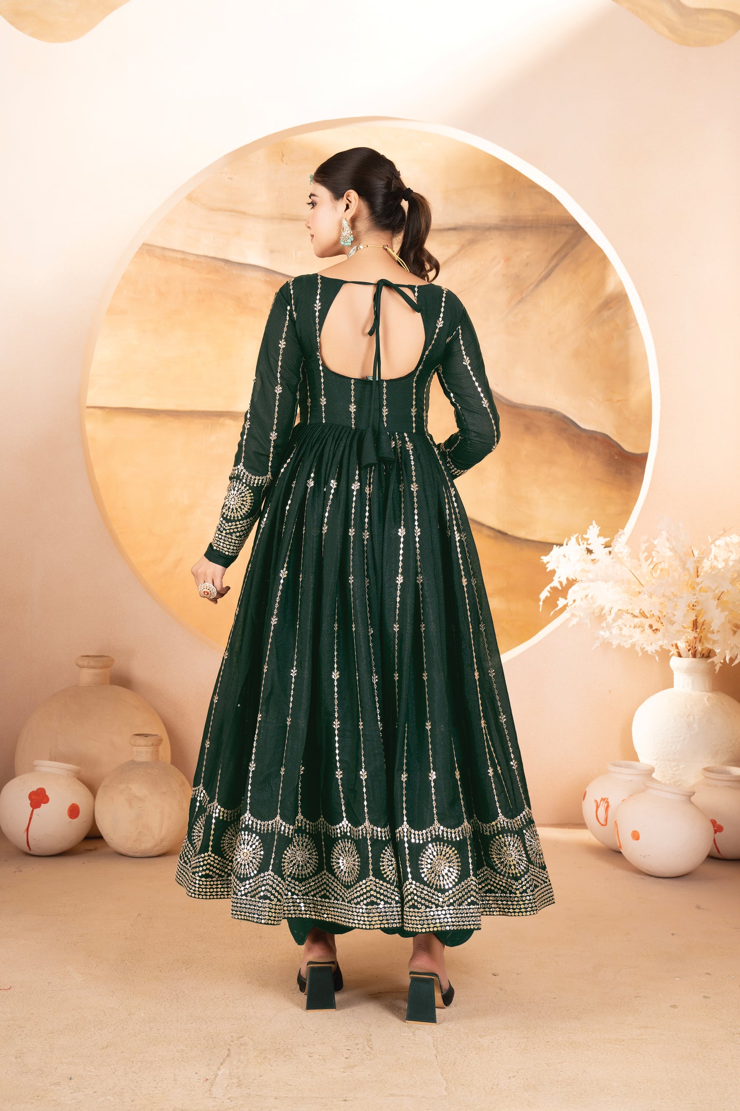 DARK GREEN STAR GEORGETTE ANARKALI SUIT – HEAVY SEQUINS &amp; THREAD WORK ✨
