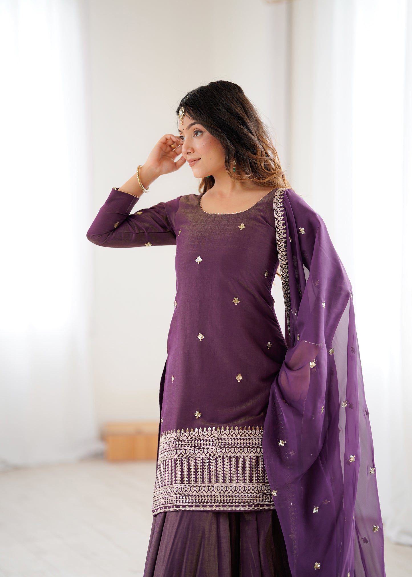 Royal Roman Shimmer Silk Kurta Lehenga Set For Women 👑