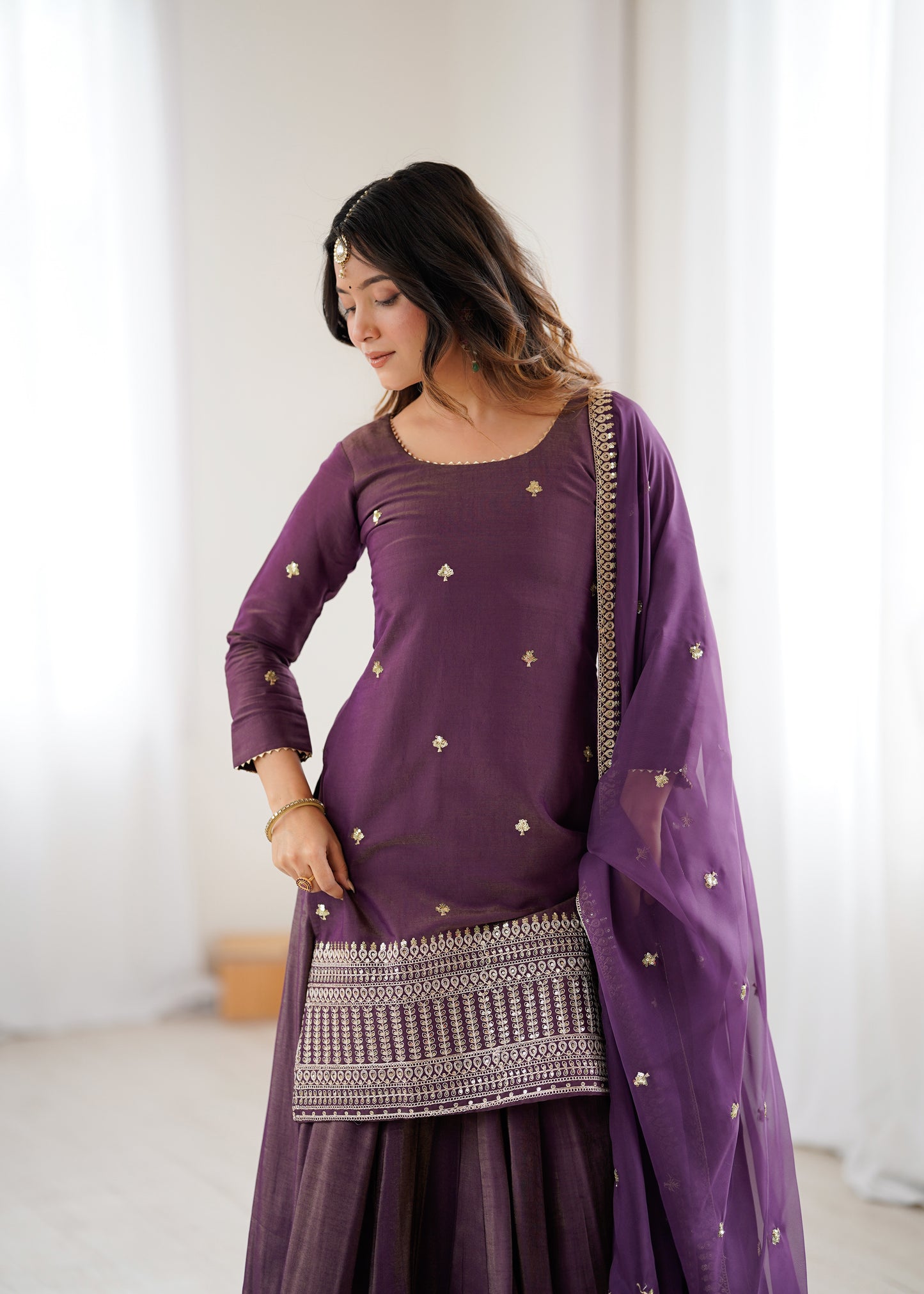 Royal Roman Shimmer Silk Kurta Lehenga Set For Women 👑