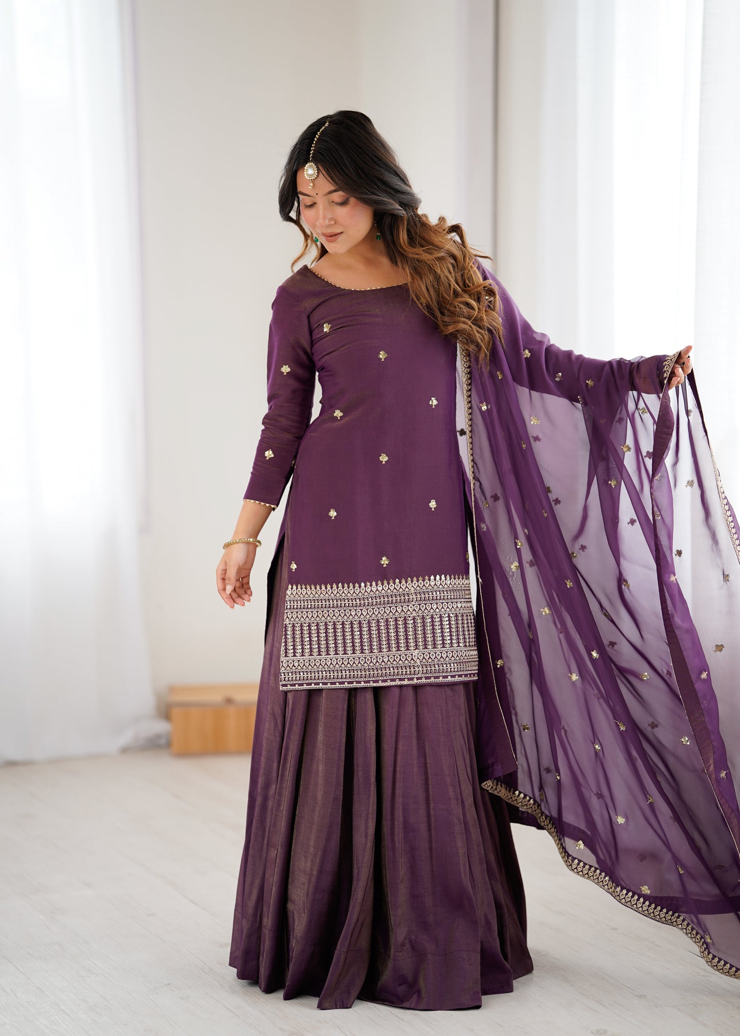 Royal Roman Shimmer Silk Kurta Lehenga Set For Women 👑