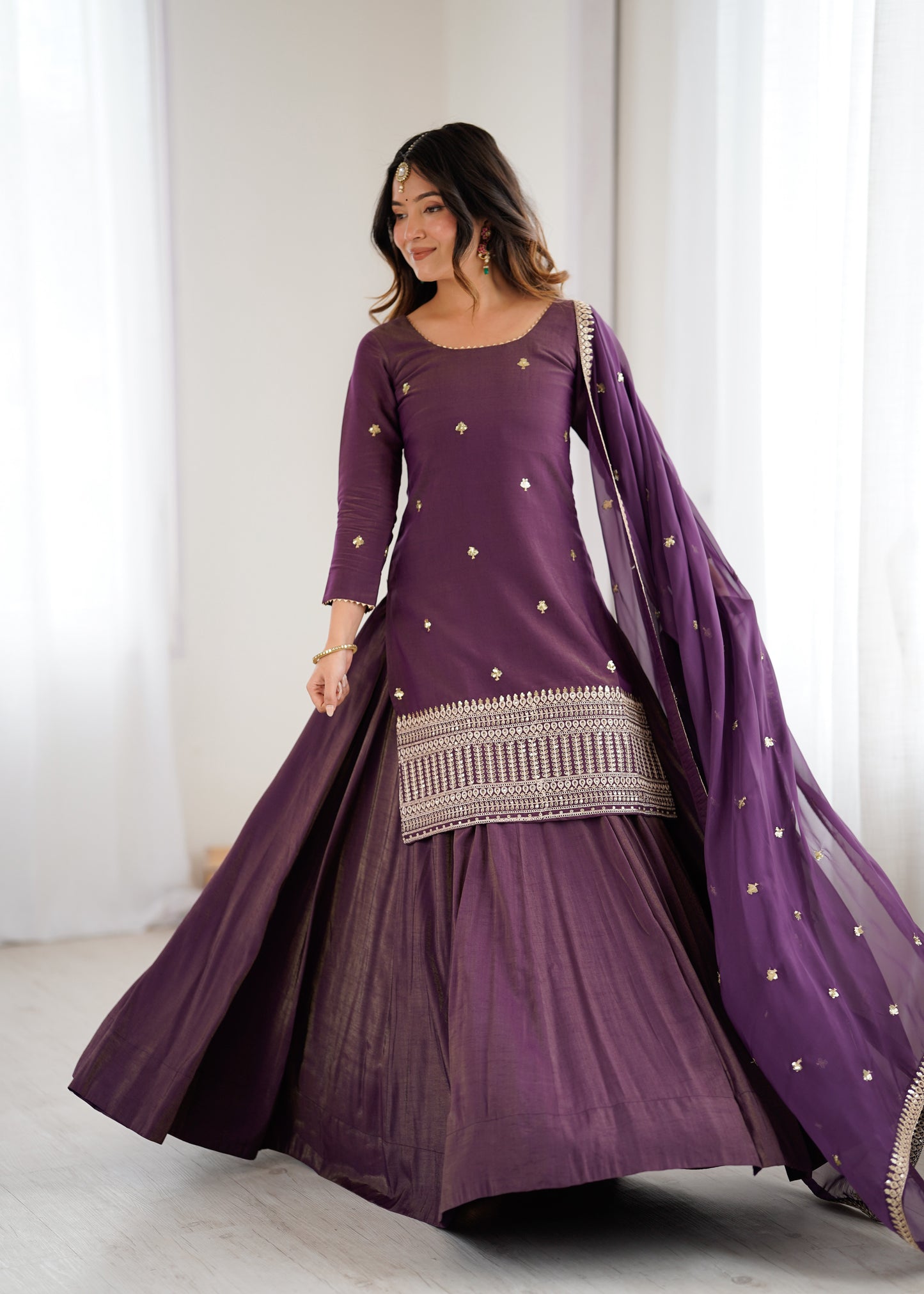 Royal Roman Shimmer Silk Kurta Lehenga Set For Women 👑
