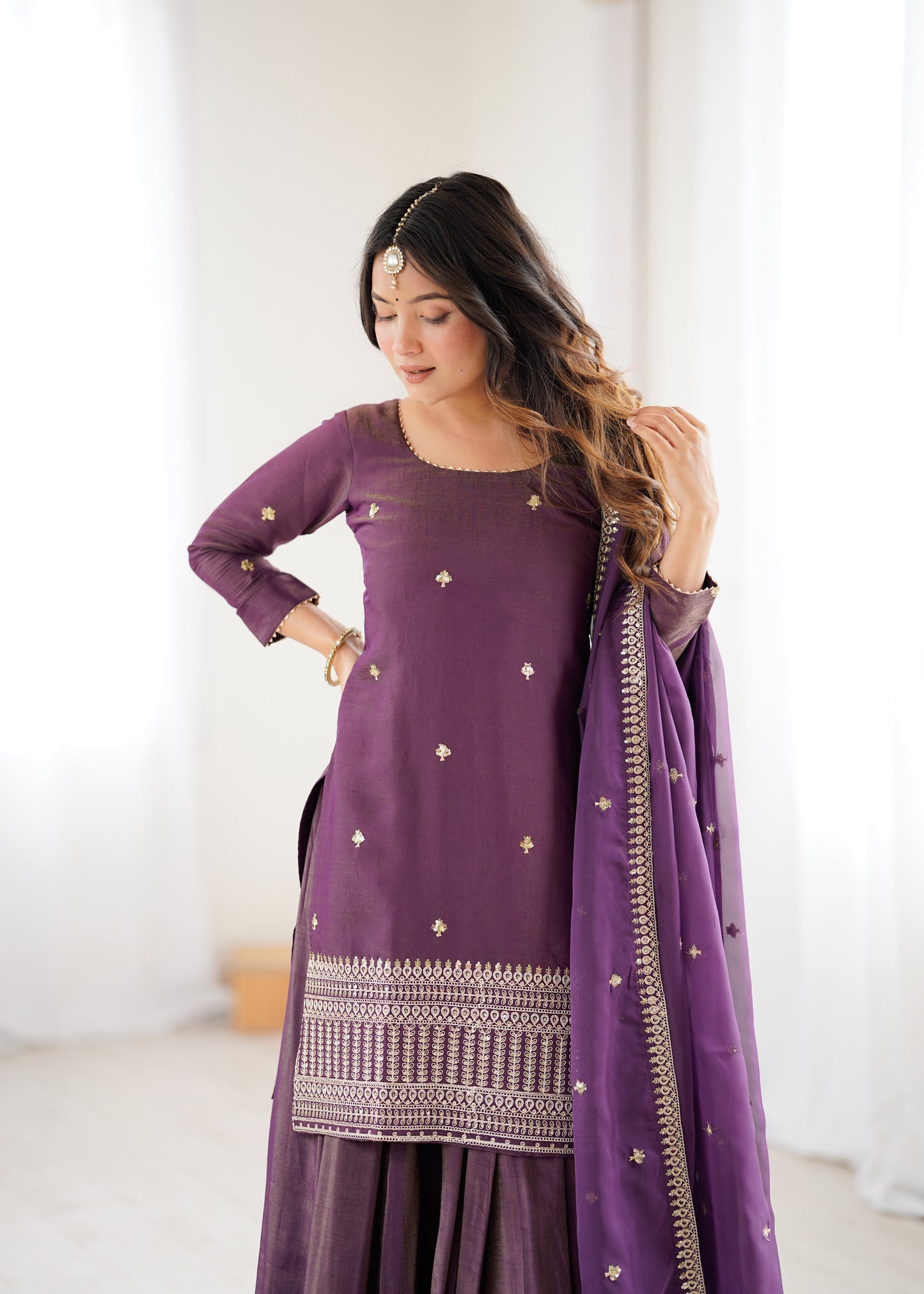 Royal Roman Shimmer Silk Kurta Lehenga Set For Women 👑