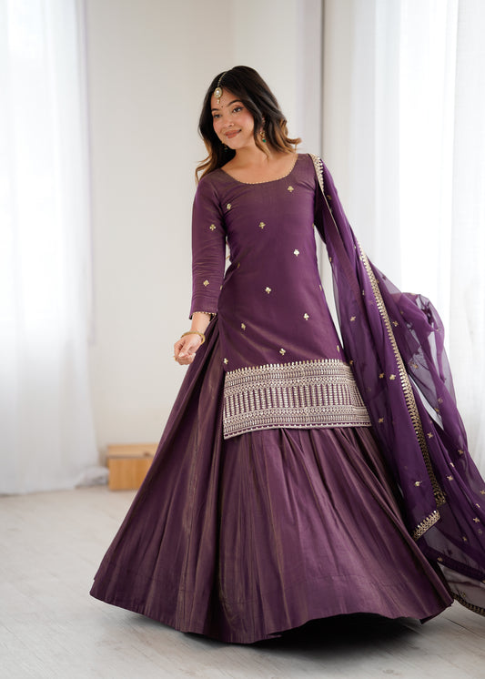 Royal Roman Shimmer Silk Kurta Lehenga Set For Women 👑