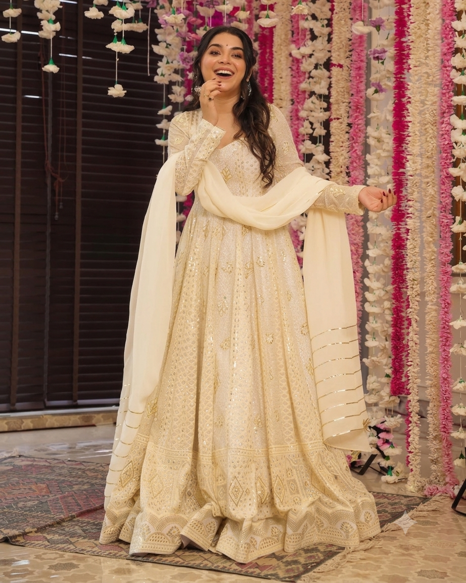 OFF WHITE FOX GEORGETTE ANARKALI SUIT – HEAVY SEQUINS &amp; THREAD WORK ✨