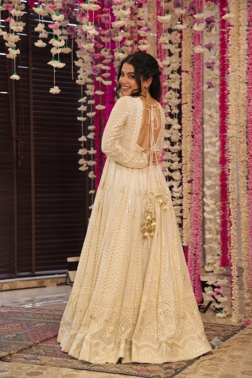 OFF WHITE FOX GEORGETTE ANARKALI SUIT – HEAVY SEQUINS &amp; THREAD WORK ✨