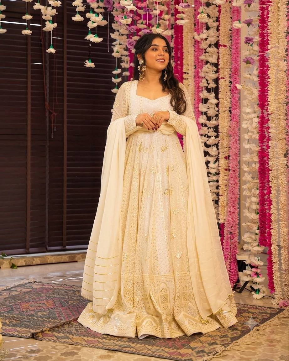 OFF WHITE FOX GEORGETTE ANARKALI SUIT – HEAVY SEQUINS &amp; THREAD WORK ✨