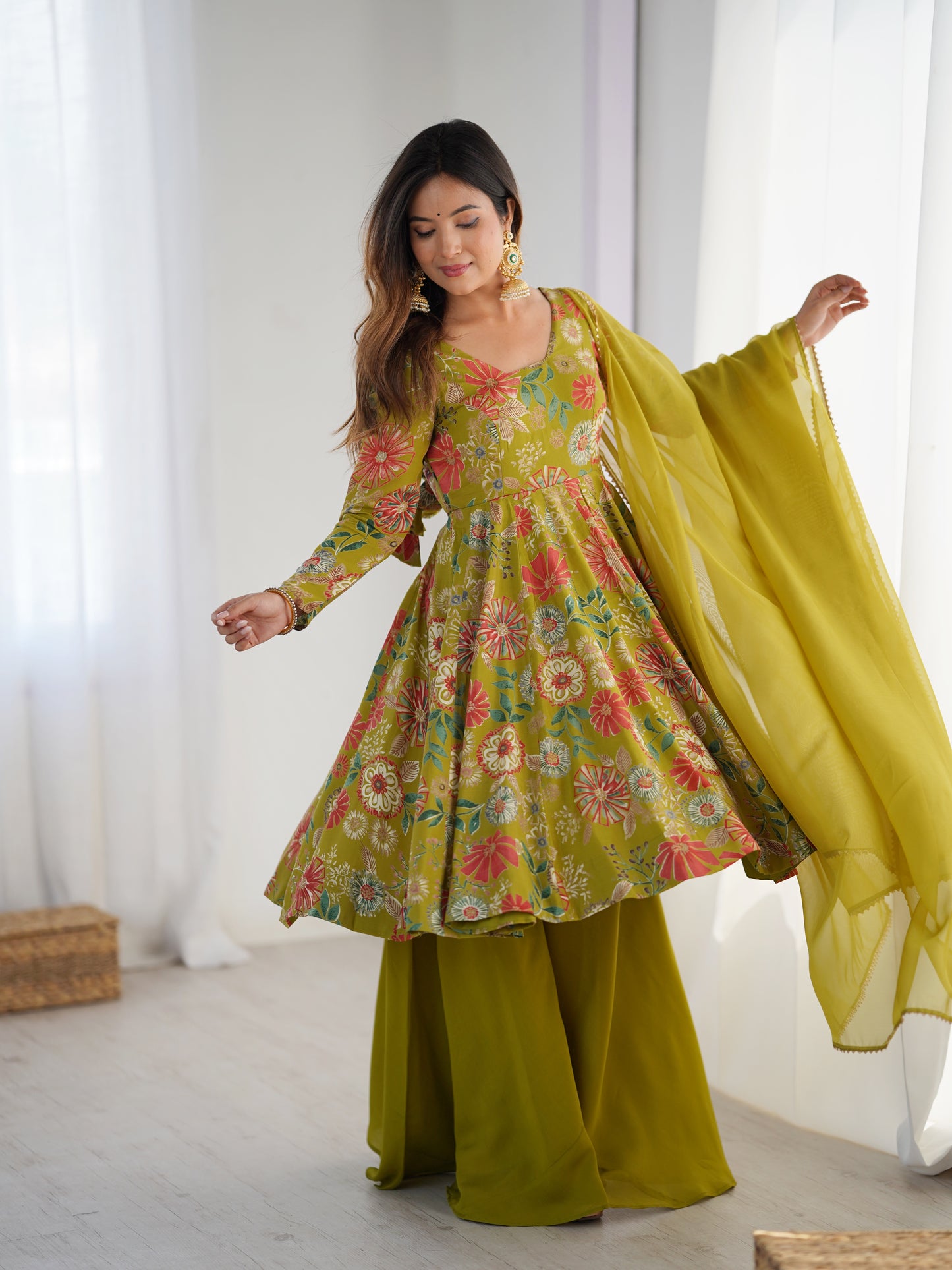 Designer Roman Silk Chanderi Kediya Kurta Palazzo Set For Women