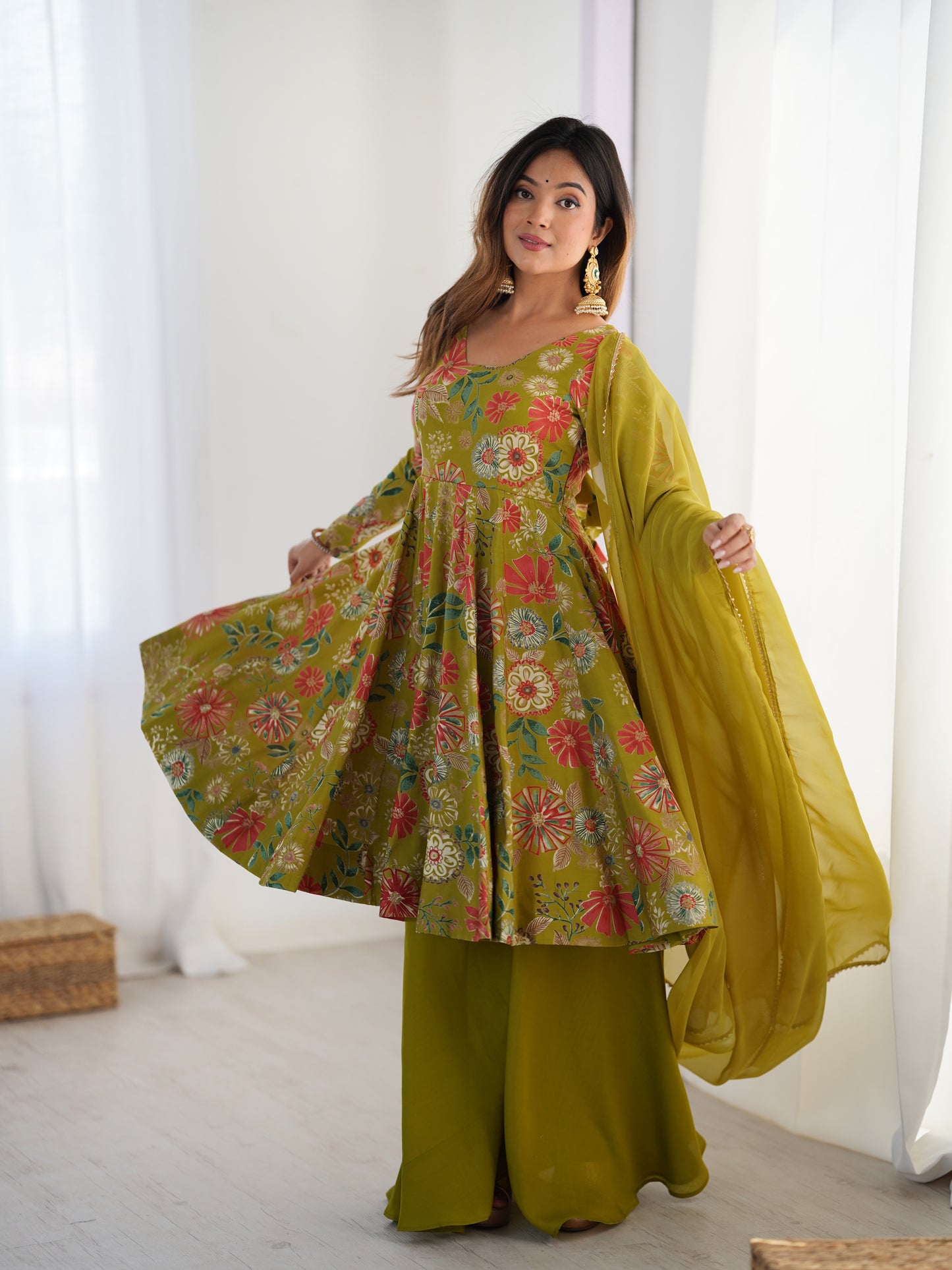 Printed RomanSilk Chanderi Kediya Set – Flared Festive Elegance