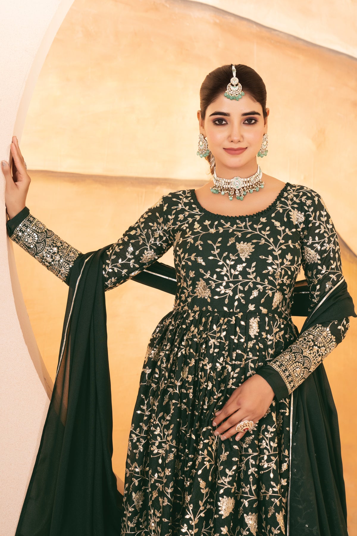 PREMIUM READYMADE DARK GREEN ANARKALI SUIT SET – 3 PIS