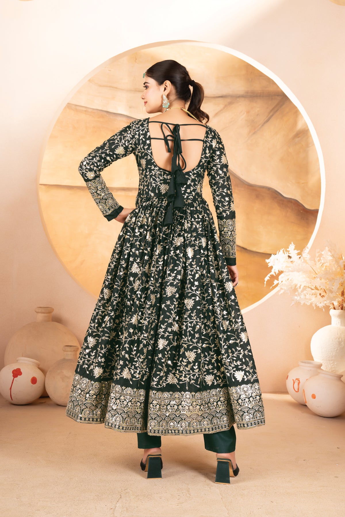 PREMIUM READYMADE DARK GREEN ANARKALI SUIT SET – 3 PIS