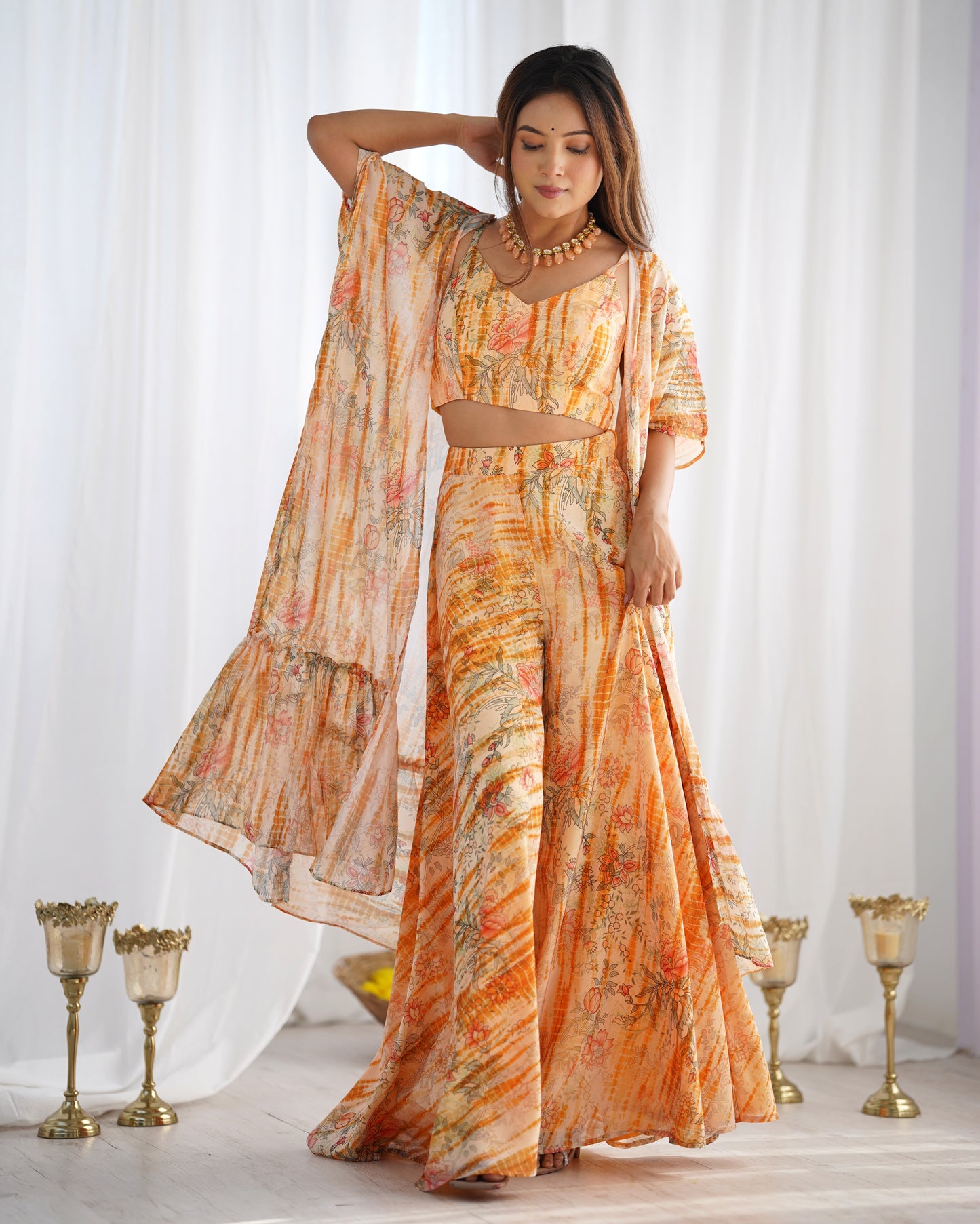 Trendy Floral Print Indo Western Shrug Palazzo Set For Women 🌸