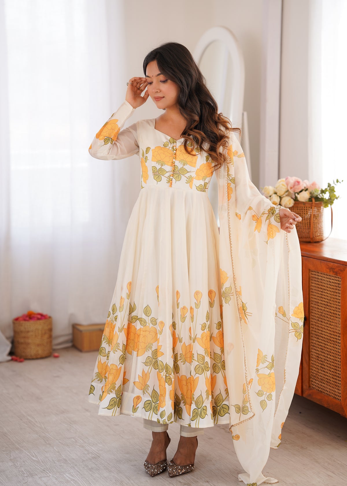 Floral Organza Silk Kali Anarkali Suit Set – Elegant Wedding Collection