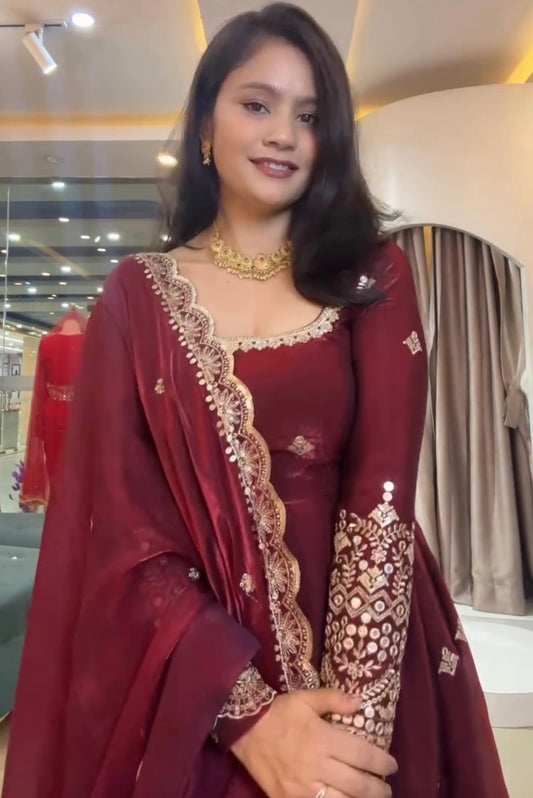 Pearl-Embellished Two Tone Fandy Silk Designer Gown Set