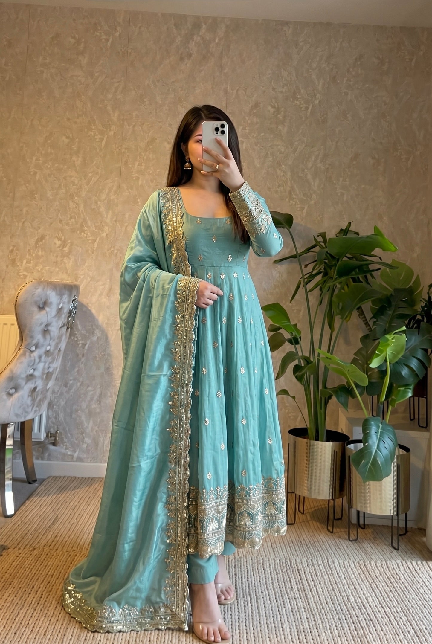 17-Colour Heavy Fandy Silk Embroidered Gown Set – Designer Party Wear