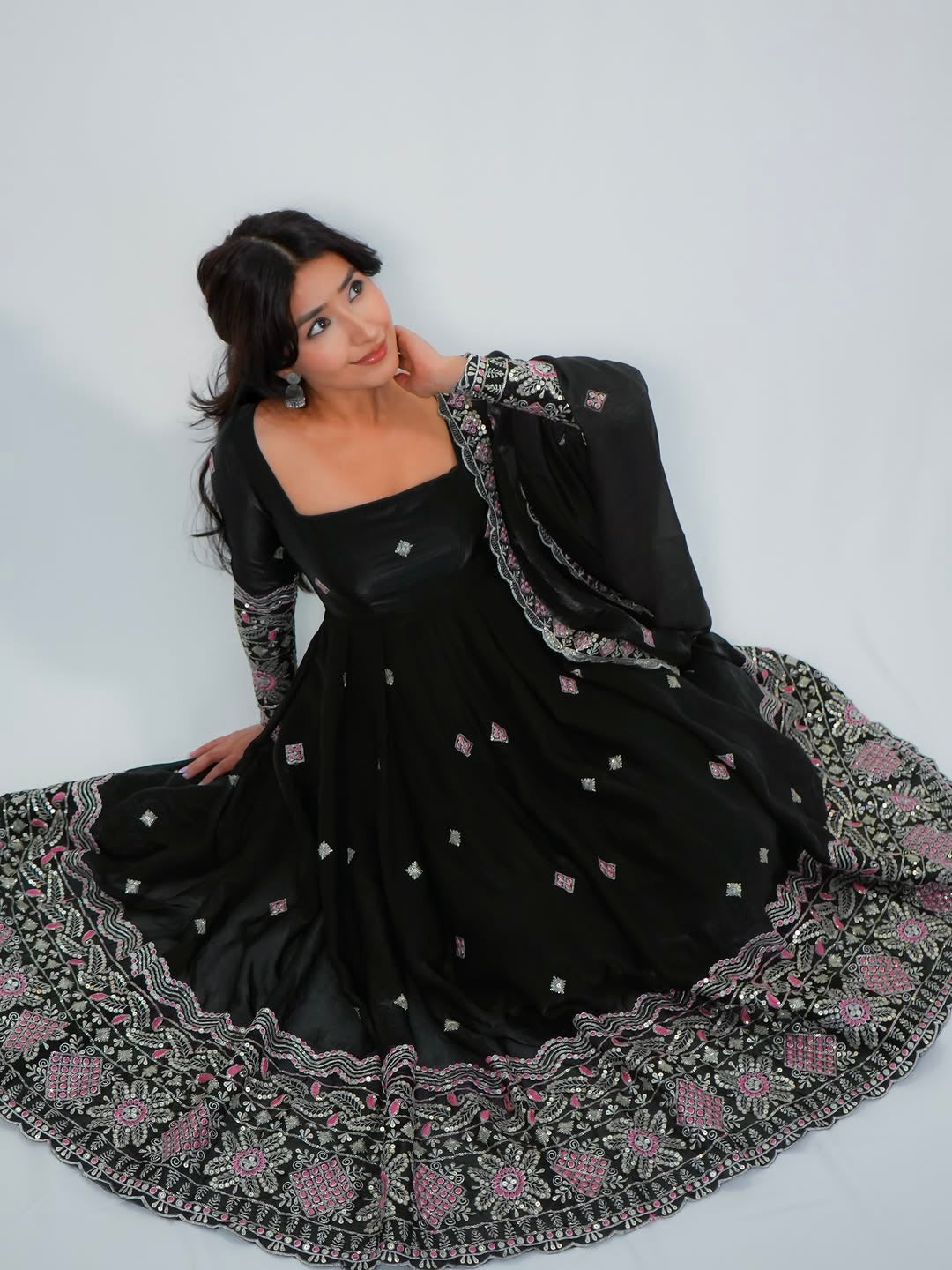 Elegant Pearl Lace Two Tone Fandy Silk Gown Set – Designer Party Wear