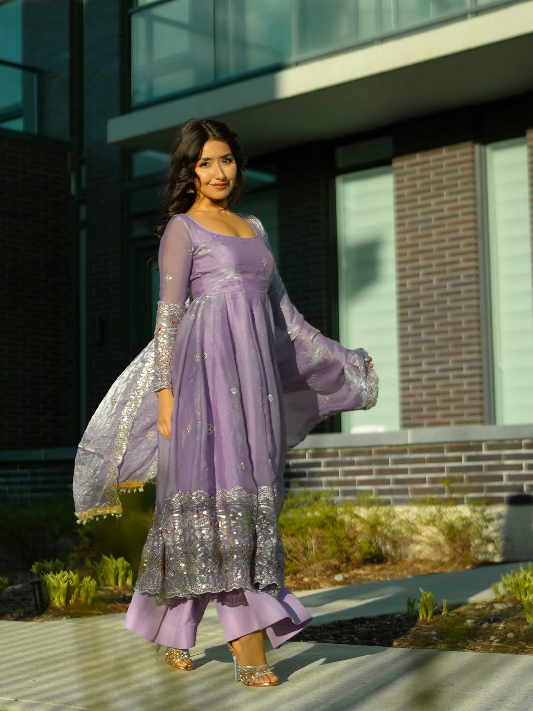 Elegant Pearl Lace Two Tone Fandy Silk Gown Set – Designer Party Wear