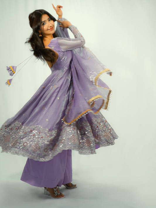 Elegant Pearl Lace Two Tone Fandy Silk Gown Set – Designer Party Wear